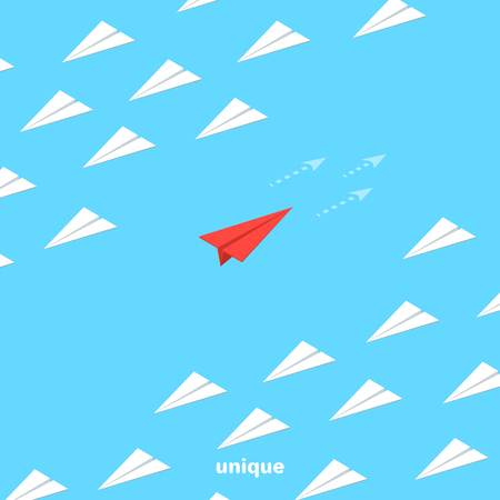 red paper airplane flies in the opposite direction from a group of other airplanes, isometric imageのイラスト素材
