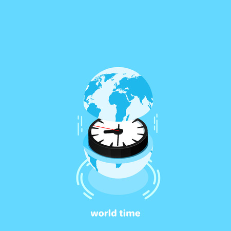 between the upper and lower halves of the globe are a large clock, an isometric imageのイラスト素材