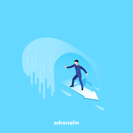 a man in a business suit on an arrow swims under a large wave, an isometric imageのイラスト素材