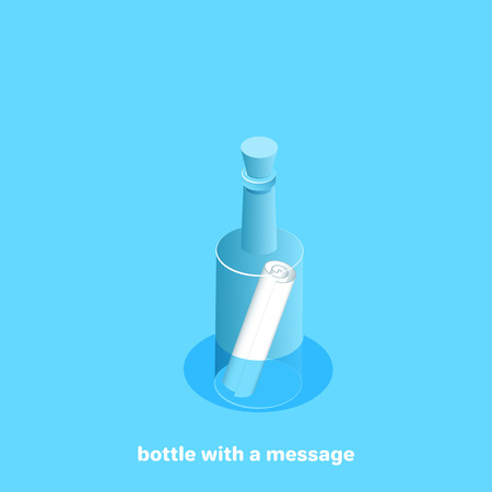 Floating bottle with a bundle of paper, isometric imageのイラスト素材