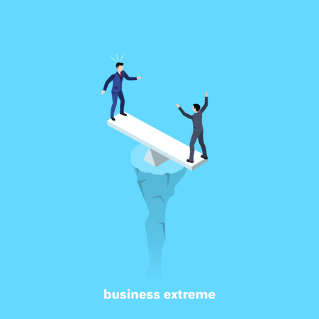 men in business suits stand on the scales above the abyss, isometric imageのイラスト素材