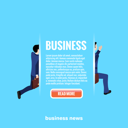 web button and text on a blue background, running man in a business suit, isometric imageのイラスト素材