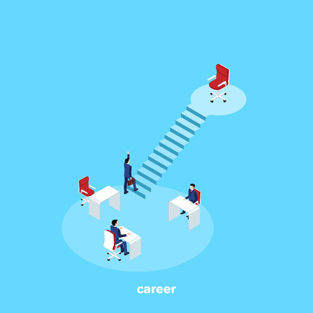 a man in a business suit climbs the corporate ladder, an isometric imageのイラスト素材