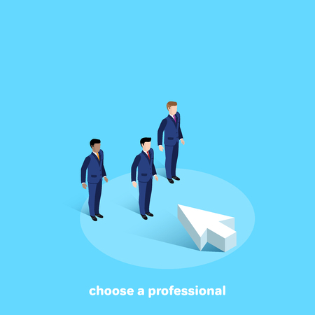 white arrow points to a man in a business suit, an isometric imageのイラスト素材