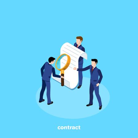 a man in a business suit studies the contract offered to him, an isometric imageのイラスト素材