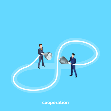 men in business suits hold an electric wire with a plug, an isometric imageのイラスト素材