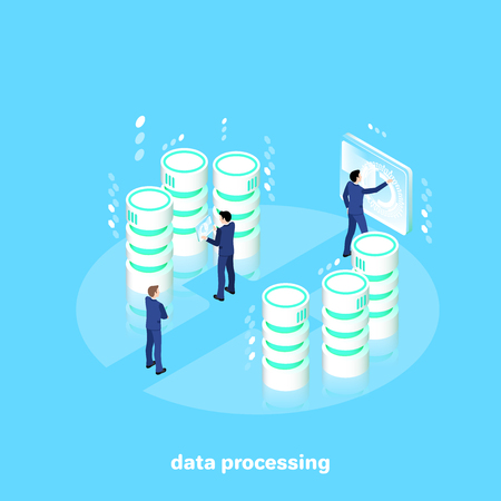 men in business suits work in a futuristic setting with data processing servers, an isometric imageのイラスト素材