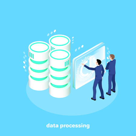 men in business suits work in a futuristic setting with data processing servers, an isometric imageのイラスト素材
