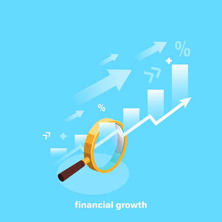 Arrows and diagrams passing through a magnifying glass on a blue background, isometric imageのイラスト素材