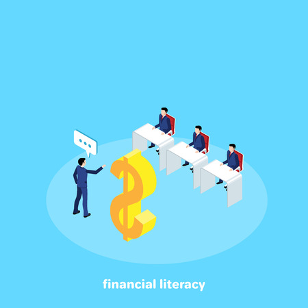 a man in a business suit conducting a lecture on the topic of finance in front of people sitting at the tables, an isometric imageのイラスト素材