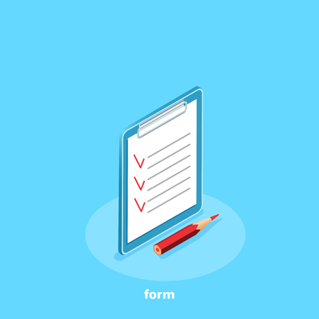 sheet of paper and pencil on a blue background, isometric imageのイラスト素材