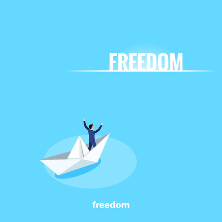 a man in a business suit sails on a paper boat to freedom, isometric imageのイラスト素材
