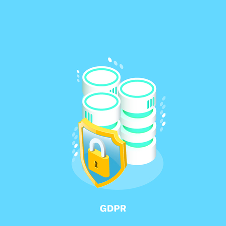 server for data storage and processing and shield with lock, isometric imageのイラスト素材