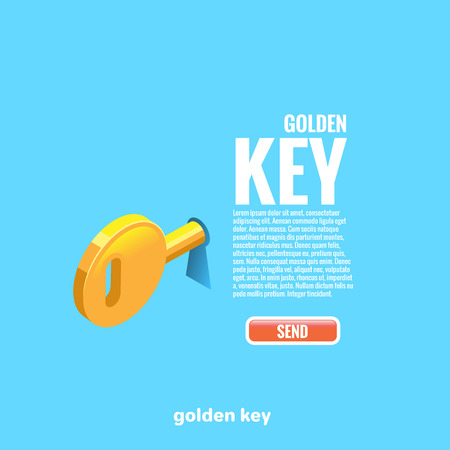 The golden key sticks out in the keyhole and the text with the button, isometric imageのイラスト素材