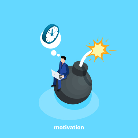 man in a business suit working on a laptop sitting on a bomb with a burning fighter, isometric imageのイラスト素材