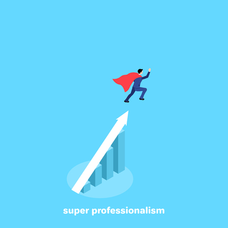 a man in a business suit and a super cloak flies up over a growing diagram, an isometric imageのイラスト素材
