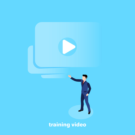 a man in a business suit points to a window with a video recording, an isometric imageのイラスト素材