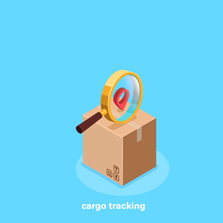 cardboard box on the magnifier and the sign of location, isometric imageのイラスト素材