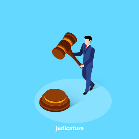 a man in a business suit is holding a judge's hammer, an isometric imageのイラスト素材