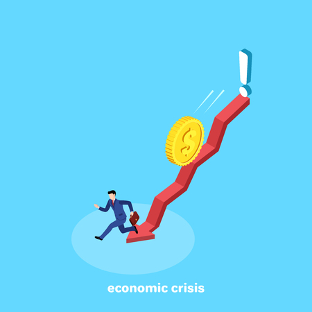 a man in a business suit runs down the arrow from a coin rolling on top, an isometric imageのイラスト素材