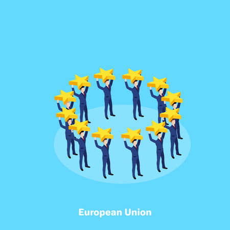 men in business suits hold 12 gold stars on a blue background, isometric imageのイラスト素材