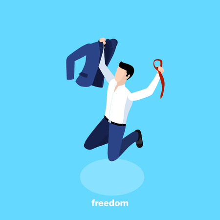 a man in a business suit jumped up holding a jacket and tie in his hands, emotions of happiness and joy, an isometric imageのイラスト素材