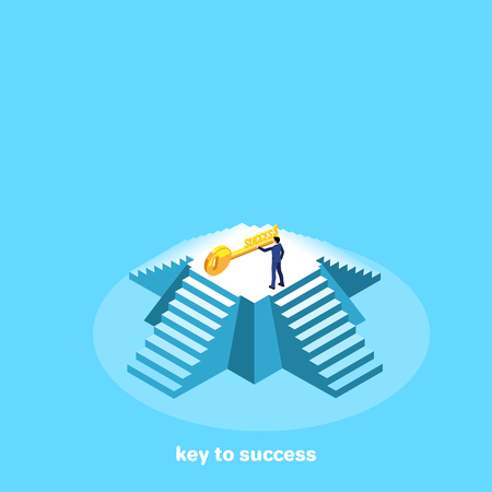 a man in a business suit stands on a pyramid and extends his hand to the key, an isometric imageのイラスト素材