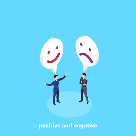 men in business suits on a blue background and smileys above them, isometric imageのイラスト素材