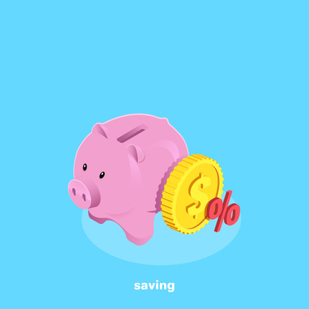 gold coin near piggy bank and percent sign on blue background, isometric imageのイラスト素材