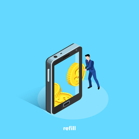 a man in a business suit puts a gold coin in the smartphone, an isometric imageのイラスト素材