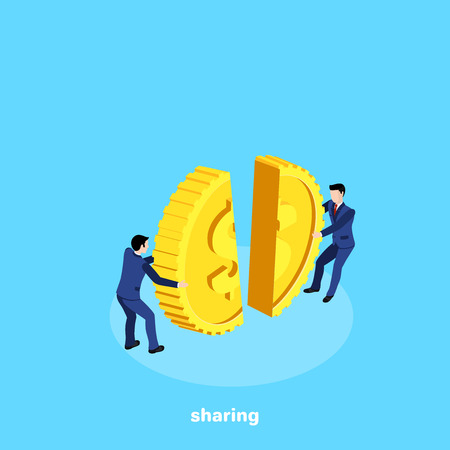 men in business suits pull in half the pieces of the gold coin, isometric imageのイラスト素材