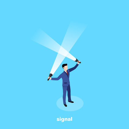a man in a business suit stands with lanterns raised, light signal, an isometric imageのイラスト素材