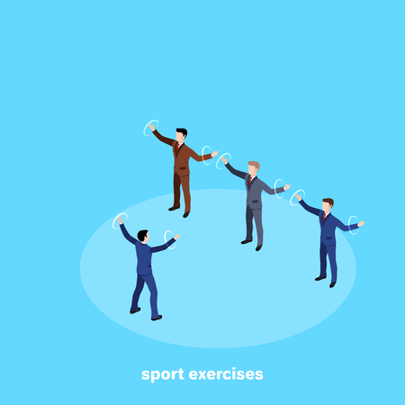 Men in business suits together perform sports exercises, isometric imageのイラスト素材
