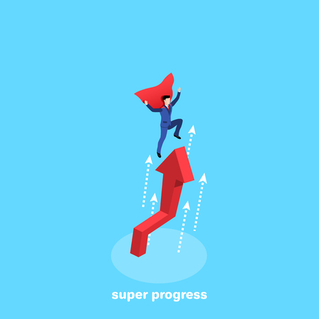 a man in a business suit and a superhero's cloak flies over a red arrow tending upward, an isometric imageのイラスト素材