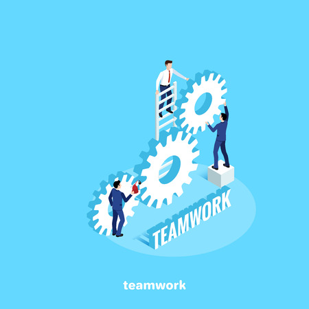 Men in business suits work in a team as a single mechanism, an isometric imageのイラスト素材