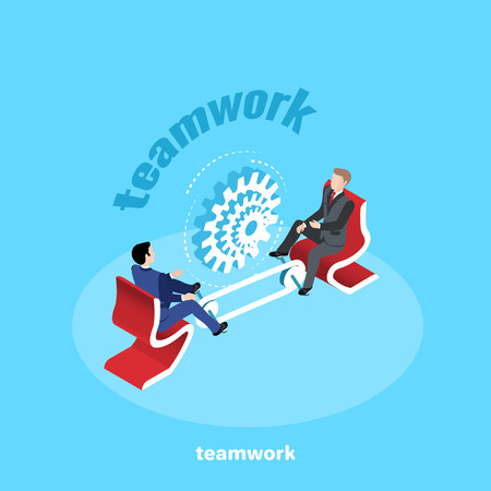 men in business suits are sitting on red armchairs and twist the paddles rotating gears, isometric imageのイラスト素材