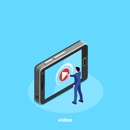 a man in a business suit clicks on a video viewing button on a smartphone, an isometric imageのイラスト素材