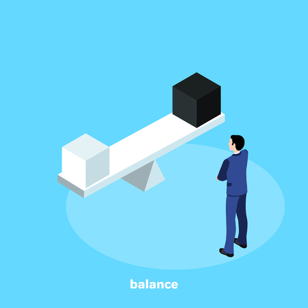 a man in a business suit watch at the balance  scales, an isometric imageのイラスト素材