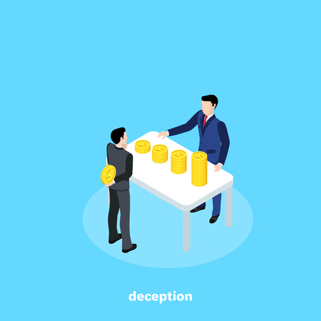 a man in a business suit hides money from another man, isometric imageのイラスト素材