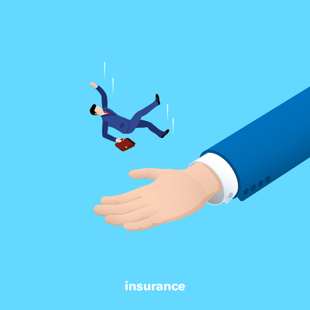 hand catches a falling man in a business suit, an isometric imageのイラスト素材