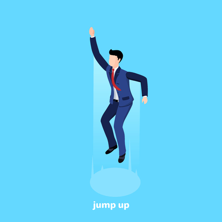 a man in a business suit jumped high up on a blue background, an isometric imageのイラスト素材
