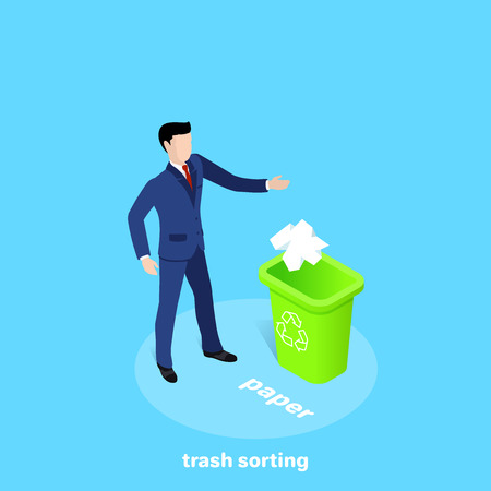 a man in a business suit throws a crumpled sheet of paper into a garbage can, sorting garbage, isometric imageのイラスト素材