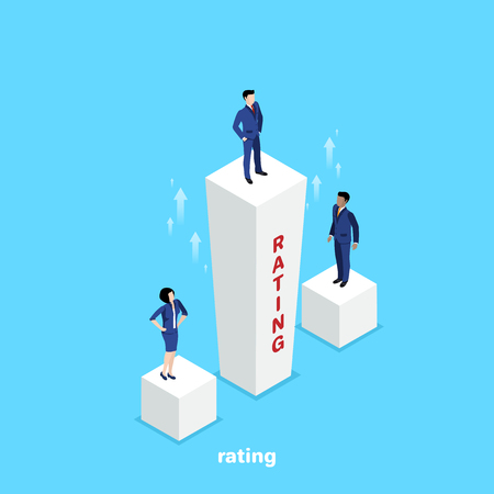 people in business suits stand on columns of a rating of different heights, an isometric imageのイラスト素材