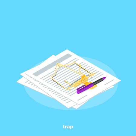 isometric image on a blue background, sheets of paper like a mousetrap and penのイラスト素材