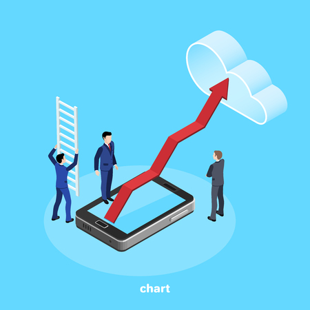 isometric image, red arrow coming out of the smartphone screen and cloud, people in business suits work in a teamのイラスト素材