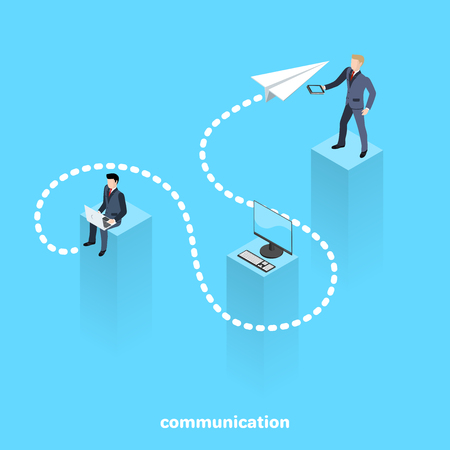 isometric image, a man in a business suit sent a message through his laptop, a flying paper airplaneのイラスト素材
