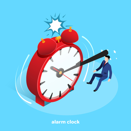 isometric image, red alarm clock hit the minute hand of a man in a business suitのイラスト素材