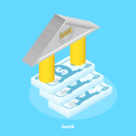 isometric image, banknotes as steps and gold coins as columns of a bankのイラスト素材