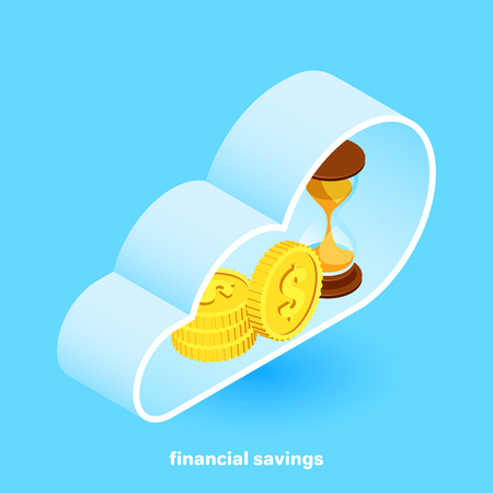 isometric image, hourglass and gold coins with a dollar sign inside the cloudのイラスト素材