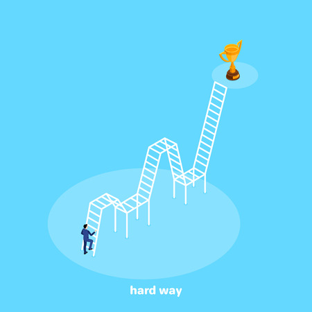 an isometric image, a man in a business suit climbing the staircase to the winner's cupのイラスト素材
